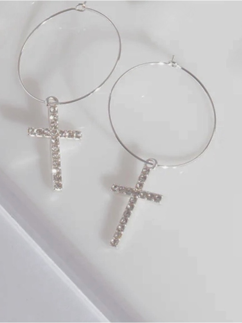 Rhinestone Cross Hoop Earrings - Silver Tone